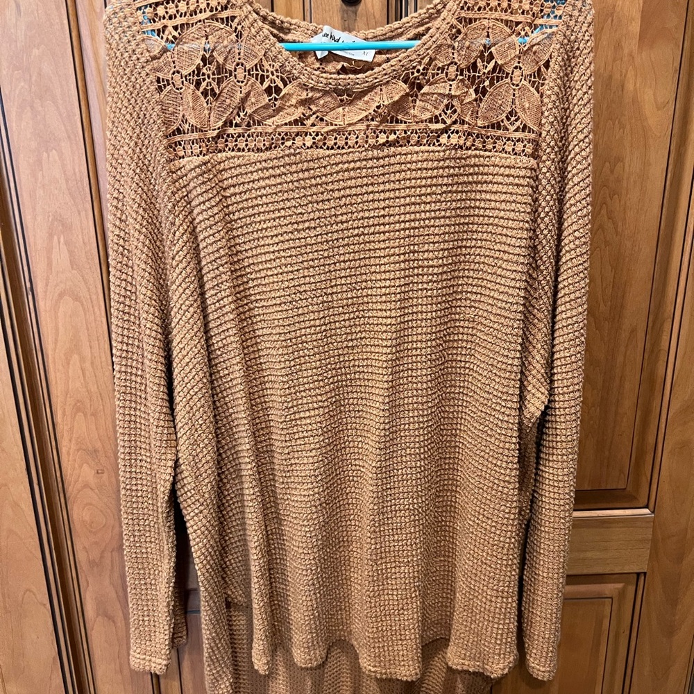 Three Bird Nest Tan Knit Top with Lace Accents